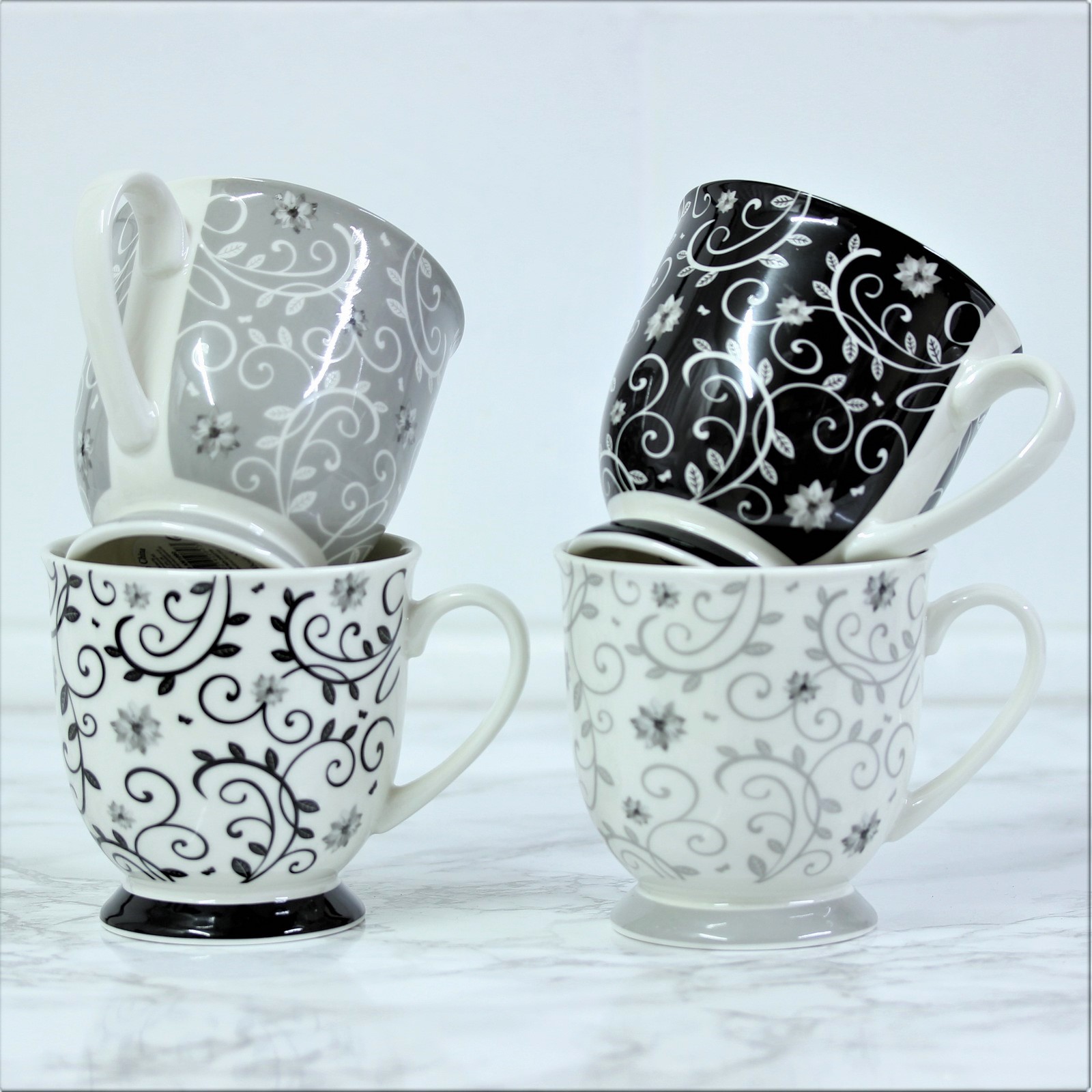 Set of 4 Black White Grey New Bone China Tea Coffee Mugs Floral
